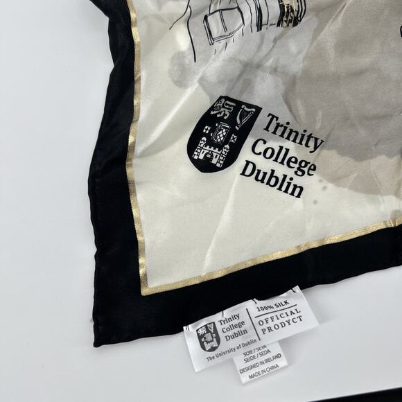 Trinity College 100% Silk Scarf Dublin Cream Black Square Ireland Church History - Picture 2 of 9